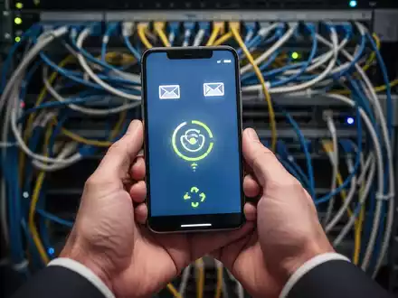 Hände halten ein iPhone, das E-Mail-Symbole und ein Ladesymbol anzeigt, vor einem verschwommenen Hintergrund aus Netzwerkkabeln und einem Server-Rack. - Foto: über boerse-global.de