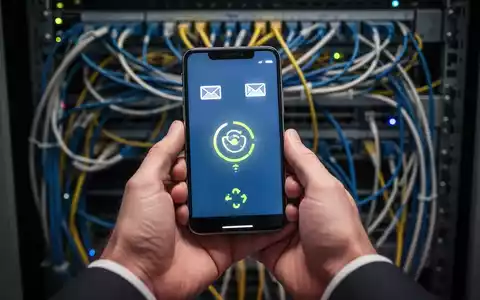 Hände halten ein iPhone, das E-Mail-Symbole und ein Ladesymbol anzeigt, vor einem verschwommenen Hintergrund aus Netzwerkkabeln und einem Server-Rack. - Foto: über boerse-global.de