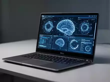 A sleek Dell laptop open on a modern desk, with abstract AI software interfaces displayed on its screen, illustrating advanced technology. - Foto: über boerse-global.de