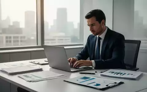 Eine Person arbeitet konzentriert an einem Laptop in einem modernen Büro, umgeben von Finanzdokumenten und Akten. - Foto: über boerse-global.de