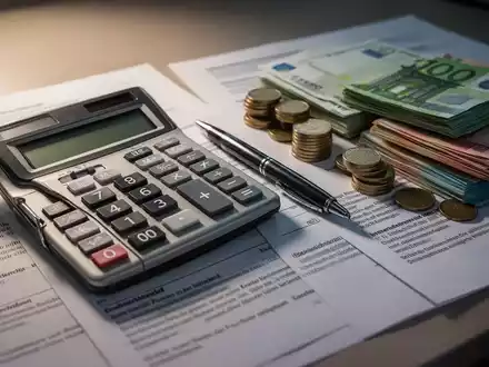 Ein Taschenrechner, ein Stift und Stapel von Euro-Banknoten und -Münzen auf einem Schreibtisch neben juristischen Dokumenten. - Foto: über boerse-global.de
