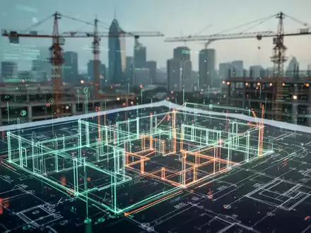 Eine digitale Bauzeichnung mit Datenströmen über einer verschwommenen Stadtlandschaft mit Kränen, die Innovation im Bauwesen symbolisiert. - Foto: über boerse-global.de
