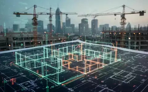 Eine digitale Bauzeichnung mit Datenströmen über einer verschwommenen Stadtlandschaft mit Kränen, die Innovation im Bauwesen symbolisiert. - Foto: über boerse-global.de