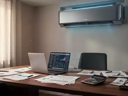 Eine moderne Klimaanlage in einem aufgeräumten Homeoffice mit Laptop, Dokumenten und Taschenrechner. - Foto: über boerse-global.de