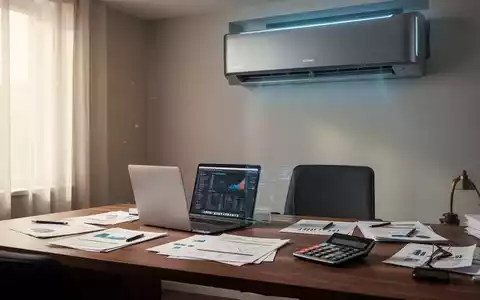Eine moderne Klimaanlage in einem aufgeräumten Homeoffice mit Laptop, Dokumenten und Taschenrechner. - Foto: über boerse-global.de