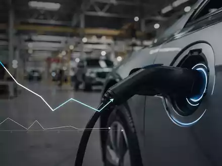 Nahaufnahme eines EV-Ladeanschlusses mit fallendem Druckgraph und verschwommener Autofabrik im Hintergrund. - Foto: über boerse-global.de