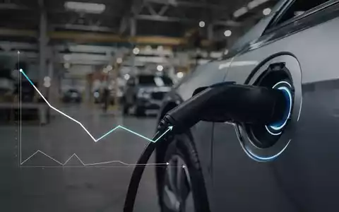 Nahaufnahme eines EV-Ladeanschlusses mit fallendem Druckgraph und verschwommener Autofabrik im Hintergrund. - Foto: über boerse-global.de