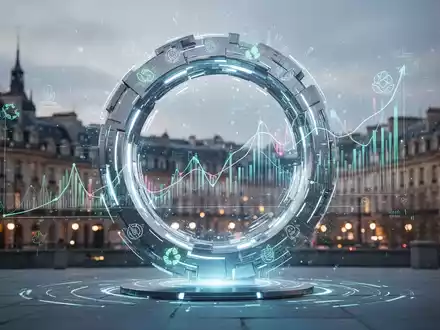 Ein futuristisches, leuchtendes digitales Portal, das Datenfluss und Zugänglichkeit symbolisiert, mit Finanz- und Nachhaltigkeitssymbolen. - Foto: über boerse-global.de