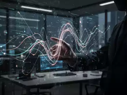 A shadowy figure's hand interacts with a glowing holographic interface, symbolizing AI-driven cybercrime and sophisticated fraud. - Foto: über boerse-global.de