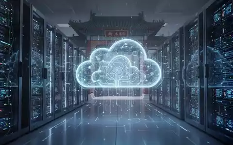 A stylized image of a data center with glowing blue servers, symbolizing AI and cloud computing, with abstract Chinese architectural hints. - Foto: über boerse-global.de