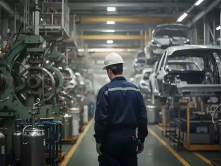 Ein unscharfes Bild eines Arbeiters in einer Fabrikhalle, der die Unsicherheit des Stellenabbaus in der Industrie darstellt. - Foto: über boerse-global.de