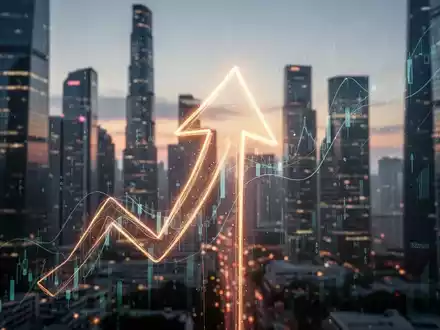 Ein stilisierter, leuchtender Pfeil zeigt aufwärts über einer verschwommenen Finanzmetropole bei Dämmerung, der Marktwachstum symbolisiert. - Foto: über boerse-global.de