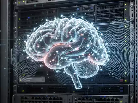 A glowing, stylized neural network brain sits atop a server rack, subtly overlaid with a digital fingerprint pattern. - Foto: über boerse-global.de