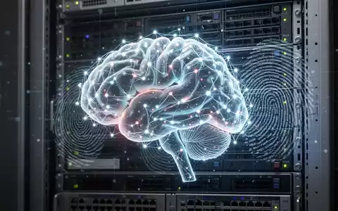 A glowing, stylized neural network brain sits atop a server rack, subtly overlaid with a digital fingerprint pattern. - Foto: über boerse-global.de