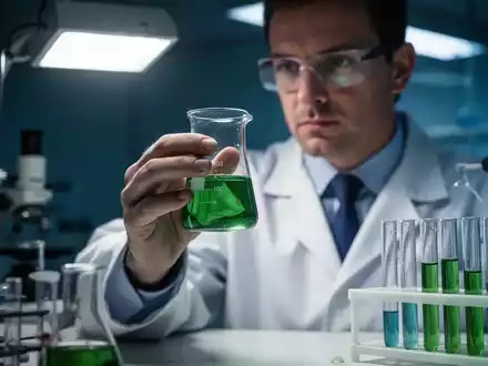 Nahaufnahme eines Wissenschaftlers im Laborkittel, der ein Glasgefäß mit grüner Flüssigkeit unter Laborlicht untersucht. - Foto: über boerse-global.de