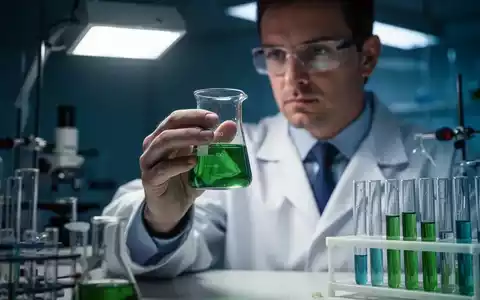 Nahaufnahme eines Wissenschaftlers im Laborkittel, der ein Glasgefäß mit grüner Flüssigkeit unter Laborlicht untersucht. - Foto: über boerse-global.de