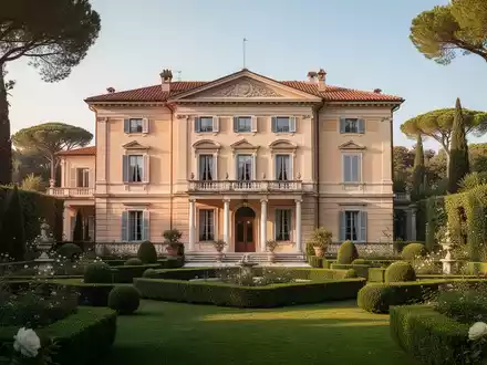 Eine elegante historische Villa, umgeben von gepflegten Gärten, die Ruhe und Luxus ausstrahlt. - Foto: über boerse-global.de