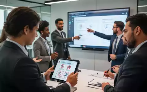 Mitarbeiter nehmen an einer Sicherheitsunterweisung teil, wobei eine Person auf ein Tablet schaut und eine andere auf einen Bildschirm zeigt. - Foto: über boerse-global.de
