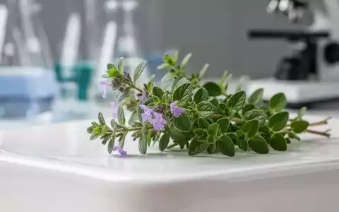 Ein Nahaufnahme einer Thymianpflanze mit zarten Blüten auf weissem Untergrund, im Hintergrund verschwommene Laborgeräte. - Foto: über boerse-global.de