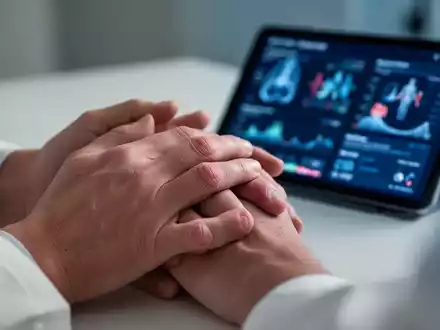 Nahaufnahme von Händen, die leichte Anzeichen von Gelenkentzündungen zeigen, mit einem unscharfen Tablet im Hintergrund, das medizinische Daten anzeigt. - Foto: über boerse-global.de