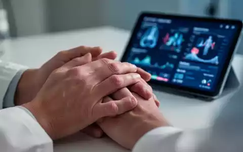 Nahaufnahme von Händen, die leichte Anzeichen von Gelenkentzündungen zeigen, mit einem unscharfen Tablet im Hintergrund, das medizinische Daten anzeigt. - Foto: über boerse-global.de