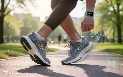 Eine Person in Sportschuhen geht auf einem Pfad, mit einem unscharfen Fitness-Tracker am Handgelenk. Fokus auf Bewegung und Technologie. - Foto: über boerse-global.de
