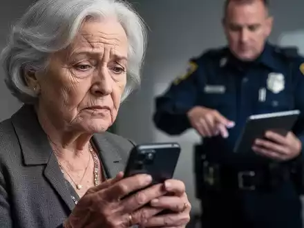 Ältere Frau blickt skeptisch auf ihr Smartphone, im Hintergrund ein Polizist, der auf ein Tablet zeigt. - Foto: über boerse-global.de