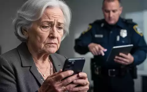 Ältere Frau blickt skeptisch auf ihr Smartphone, im Hintergrund ein Polizist, der auf ein Tablet zeigt. - Foto: über boerse-global.de