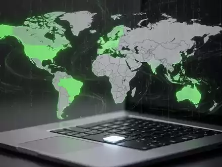 A digital world map with some regions highlighted, while others are greyed out, with a laptop keyboard in the foreground. - Foto: über boerse-global.de
