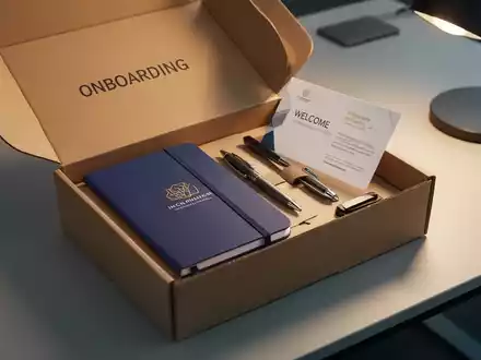 Eine offene Onboarding-Box auf einem modernen Schreibtisch, die personalisierte Willkommensartikel wie Notizbuch und Stift zeigt. - Foto: über boerse-global.de