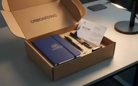 Eine offene Onboarding-Box auf einem modernen Schreibtisch, die personalisierte Willkommensartikel wie Notizbuch und Stift zeigt. - Foto: über boerse-global.de
