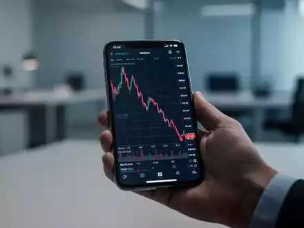 Eine Hand hält ein Smartphone mit einem fallenden Aktienchart. Im Hintergrund ein unscharfes Büro. - Foto: über boerse-global.de