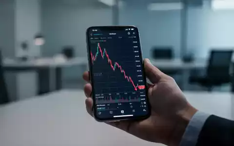 Eine Hand hält ein Smartphone mit einem fallenden Aktienchart. Im Hintergrund ein unscharfes Büro. - Foto: über boerse-global.de