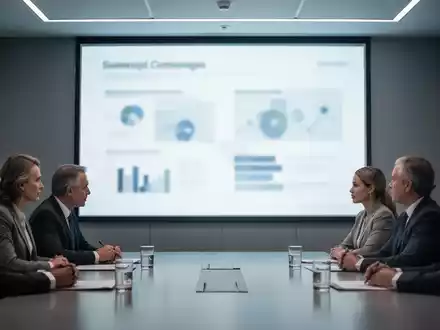 Eine Gruppe von Geschäftsleuten sitzt in einem modernen Konferenzraum und diskutiert vor einem großen Bildschirm. - Foto: über boerse-global.de