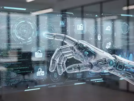 A holographic desktop interface showing data and application icons, being controlled by a transparent, futuristic human hand without a mouse. - Foto: über boerse-global.de