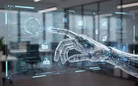 A holographic desktop interface showing data and application icons, being controlled by a transparent, futuristic human hand without a mouse. - Foto: über boerse-global.de