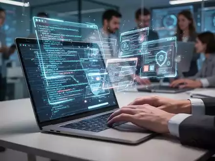 Holographic projection of code and web elements from a laptop, with hands typing. Blurry background shows a modern office. - Foto: über boerse-global.de