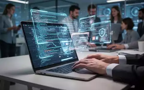 Holographic projection of code and web elements from a laptop, with hands typing. Blurry background shows a modern office. - Foto: über boerse-global.de