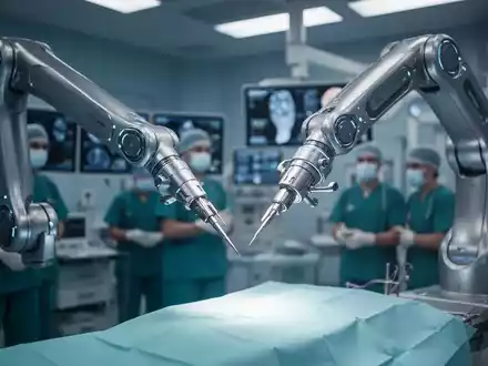 Ein futuristischer Roboterarm führt in einem Operationssaal eine Präzisionsoperation durch. - Foto: über boerse-global.de