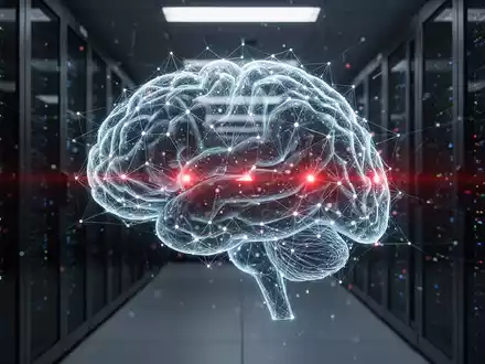 An abstract, glowing AI brain with red warning lights superimposed over a secure data center, symbolizing AI in threat management. - Foto: über boerse-global.de