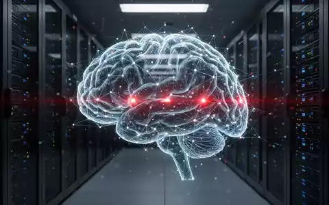An abstract, glowing AI brain with red warning lights superimposed over a secure data center, symbolizing AI in threat management. - Foto: über boerse-global.de
