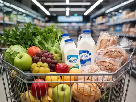 Ein Einkaufswagen gefüllt mit frischem Gemüse, Milchprodukten und Backwaren in einem Supermarkt. - Foto: über boerse-global.de