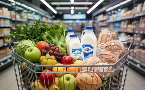 Ein Einkaufswagen gefüllt mit frischem Gemüse, Milchprodukten und Backwaren in einem Supermarkt. - Foto: über boerse-global.de