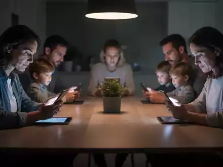 Eine Familie sitzt an einem Esstisch, jeder von einem Smartphone oder Tablet beleuchtet, was Ablenkung und Isolation symbolisiert. - Foto: über boerse-global.de