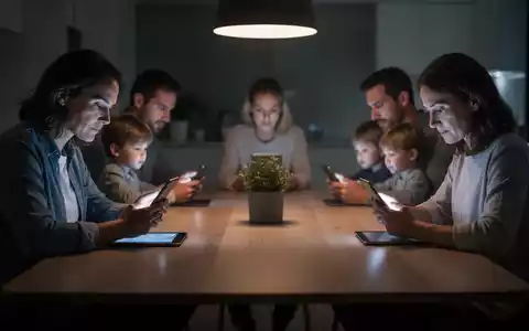 Eine Familie sitzt an einem Esstisch, jeder von einem Smartphone oder Tablet beleuchtet, was Ablenkung und Isolation symbolisiert. - Foto: über boerse-global.de