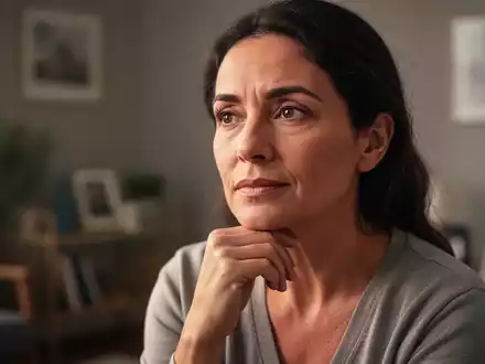 Eine nachdenkliche Frau mit sanftem Licht auf ihrem Gesicht, im Hintergrund ein unscharfer Raum, der Ruhe und Reflexion suggeriert. - Foto: über boerse-global.de