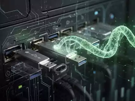 Nahaufnahme von USB-Sticks, die in einem Computer stecken, mit einem grünen, wurmähnlichen digitalen Element, das Datendiebstahl symbolisiert. - Foto: über boerse-global.de