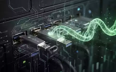 Nahaufnahme von USB-Sticks, die in einem Computer stecken, mit einem grünen, wurmähnlichen digitalen Element, das Datendiebstahl symbolisiert. - Foto: über boerse-global.de
