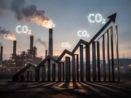 Industrielandschaft bei Sonnenuntergang mit Fabrikschornsteinen, die stilisierte, leuchtende CO2-Symbole ausstoßen. Im Vordergrund ein Finanzgrafik aus Stahl. - Foto: über boerse-global.de