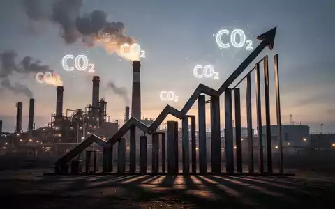 Industrielandschaft bei Sonnenuntergang mit Fabrikschornsteinen, die stilisierte, leuchtende CO2-Symbole ausstoßen. Im Vordergrund ein Finanzgrafik aus Stahl. - Foto: über boerse-global.de